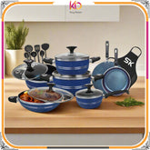 16 Pieces Marble Coated Daisy Cookware Gift Pack – Blue | Premium Non-Stick Cookware Set - Kingbazar.pk