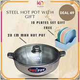 Alpha Elite Stainless Steel Hot Pot Set – 28cm with MEX Lockable Glass Lids + FREE 10 Plates & Stand | Eid ul Azha Special Offer