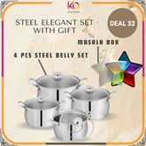 Sonex Elegant Steel Belly Pot Casserole Set – 4-Piece Stylish & Functional Cookware + FREE Masala Box | Eid ul Azha Special Offer
