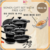 Sonex Deluxe Plus Gift Pack – 18 Pcs Die-Cast Non-Stick Cookware Set with PTFE Coating & Glass Lids | FREE Mini Wok – Eid ul Azha Special Offer