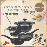 Deluxe Supreme Set – Sonex 15 PCS Die-Cast Nonstick Cookware with Glass Lids | FREE Mini Wok – Eid ul Azha Special Offer