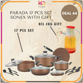 Sonex Prada Gift Pack – 17 PCS Nonstick Cookware Set (Black & Brown) + FREE Oil Jug | Eid ul Azha Special Offer