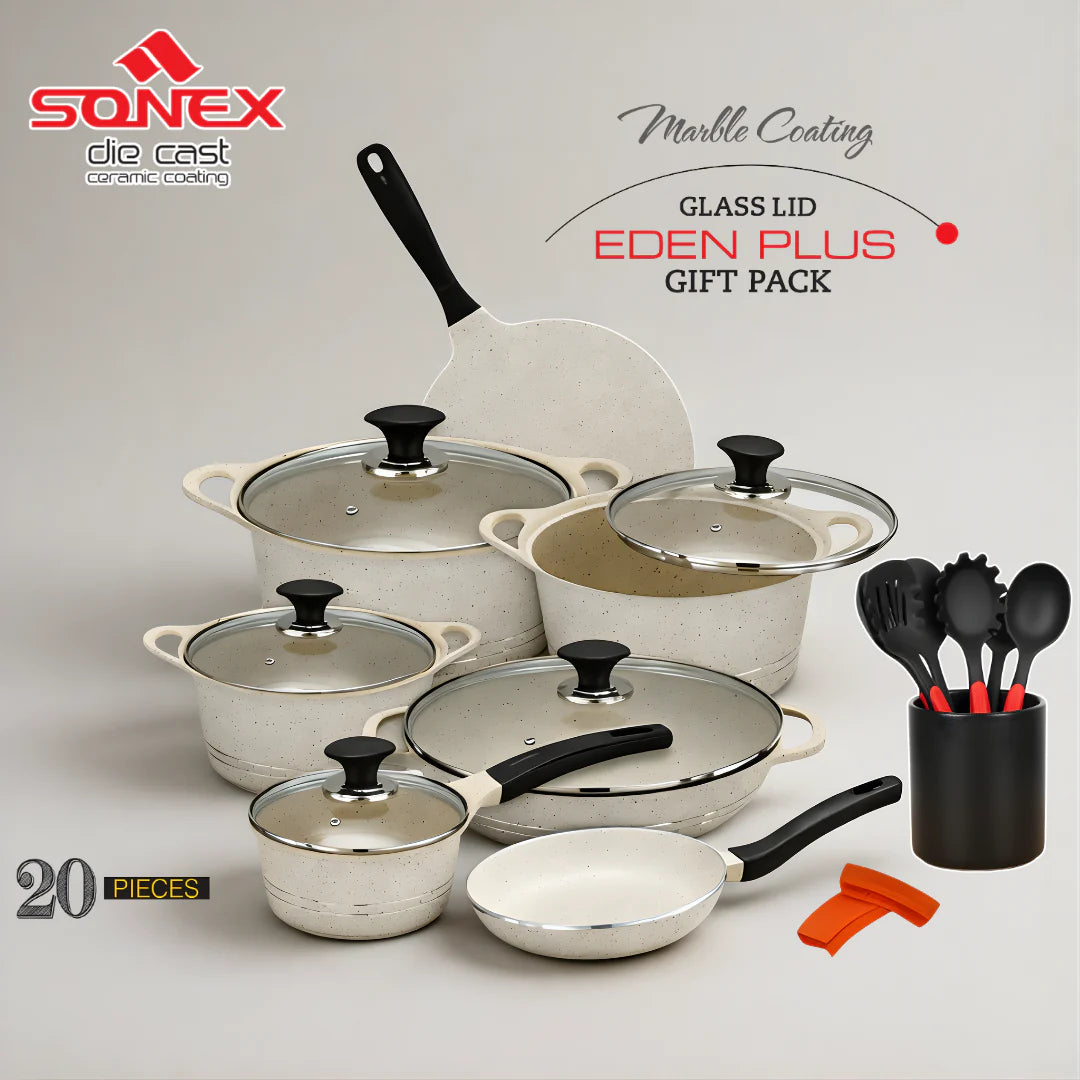 Sonex Eden Plus 20-Piece Die-Cast Gift Pack – White Marble Coated Non-Stick Set
