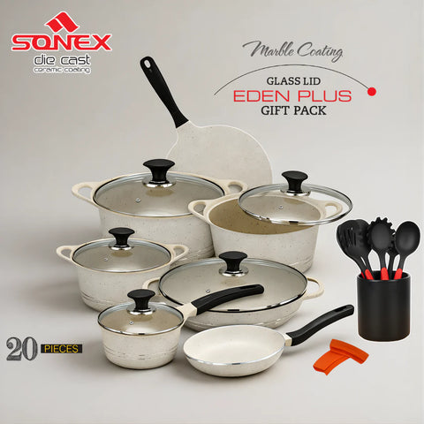 Sonex Eden Plus 20-Piece Die-Cast Gift Pack – White Marble Coated Non-Stick Set