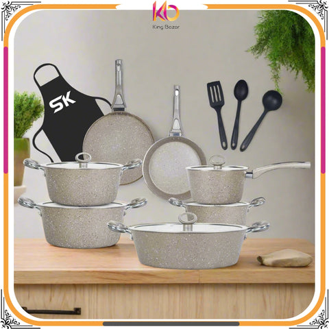 16-Piece Marble Coated Signature Cookware Gift Pack – Beige | Premium Non-Stick Cooking Set