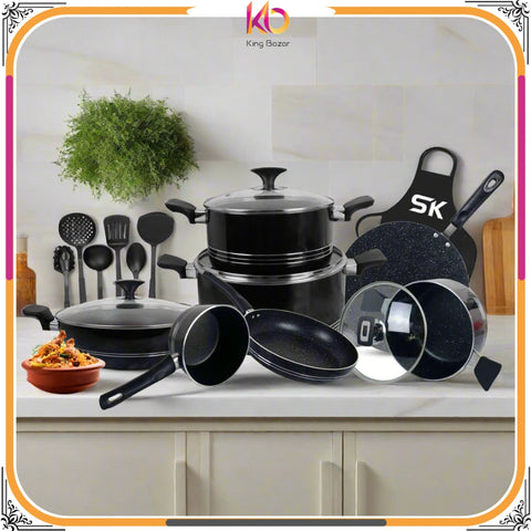 17-Piece Elite Non-Stick Marble Coated Cookware Gift Pack – Black | Premium Kitchen Set