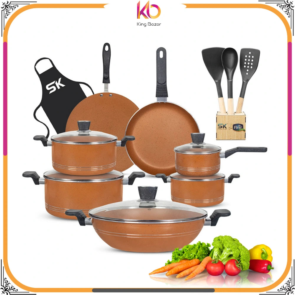 17-Piece Non-Stick Marble Coated Superior Cookware Gift Set – Copper Gold | Premium Cooking Set