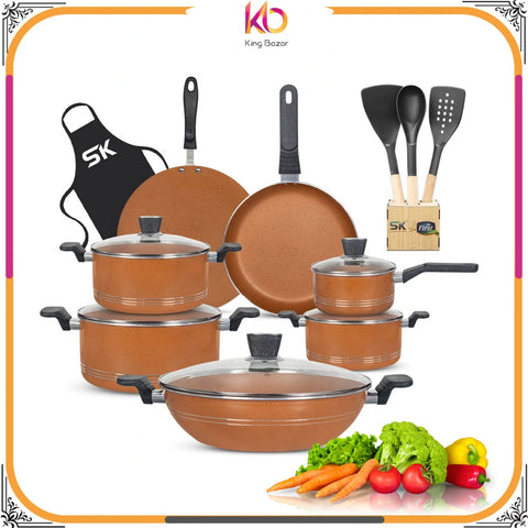 17-Piece Non-Stick Marble Coated Superior Cookware Gift Set – Copper Gold | Premium Cooking Set