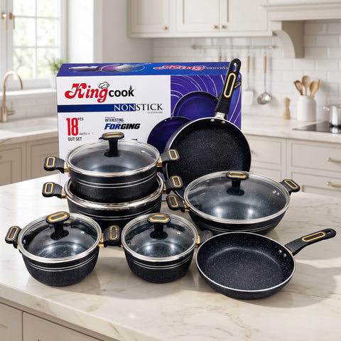 18 Pcs Marble Forging Non Stick Cookware Set Black