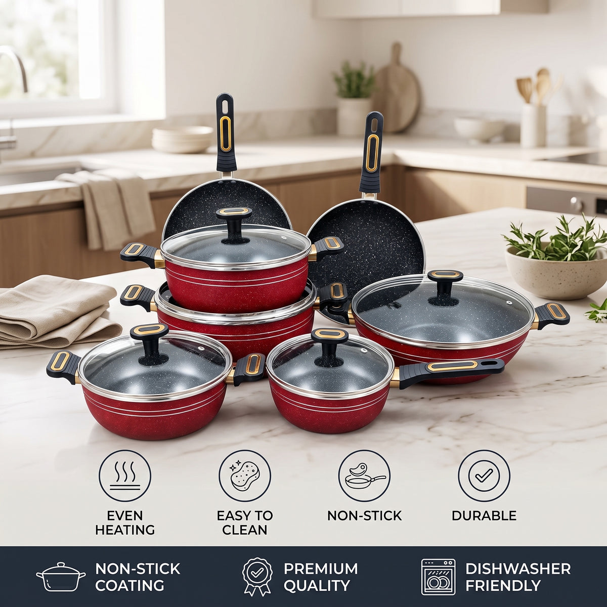 18 Pcs Marble Forging Non Stick Cookware Set Red