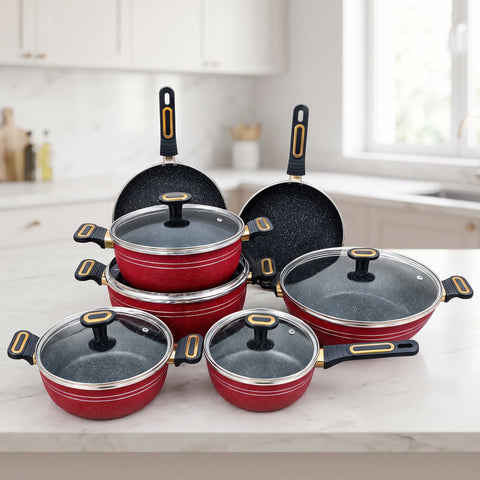 18 Pcs Marble Forging Non Stick Cookware Set Red