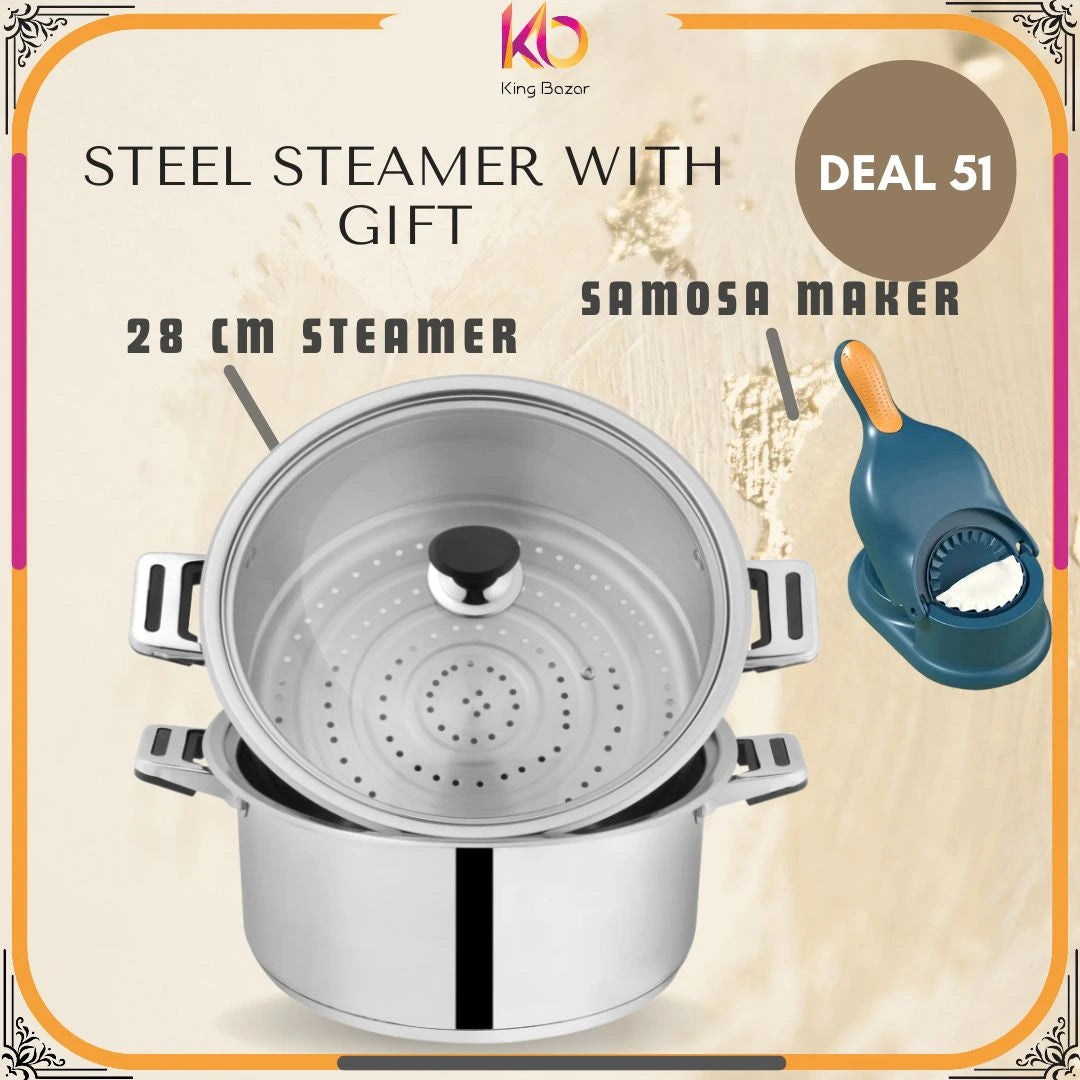 Sonex 28cm Steamer Cuisine – Stainless Steel with Glass Lid | Healthy Steaming + FREE Samosa Maker | Eid ul Azha Special Offer