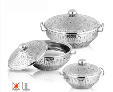 Shahi Naqsheen Stainless Steel Hot Pot Set – 3-Piece Royal Design Collection
