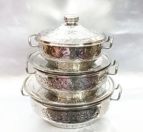 Shahi Naqsheen Stainless Steel Hot Pot Set – 3-Piece Royal Design Collection