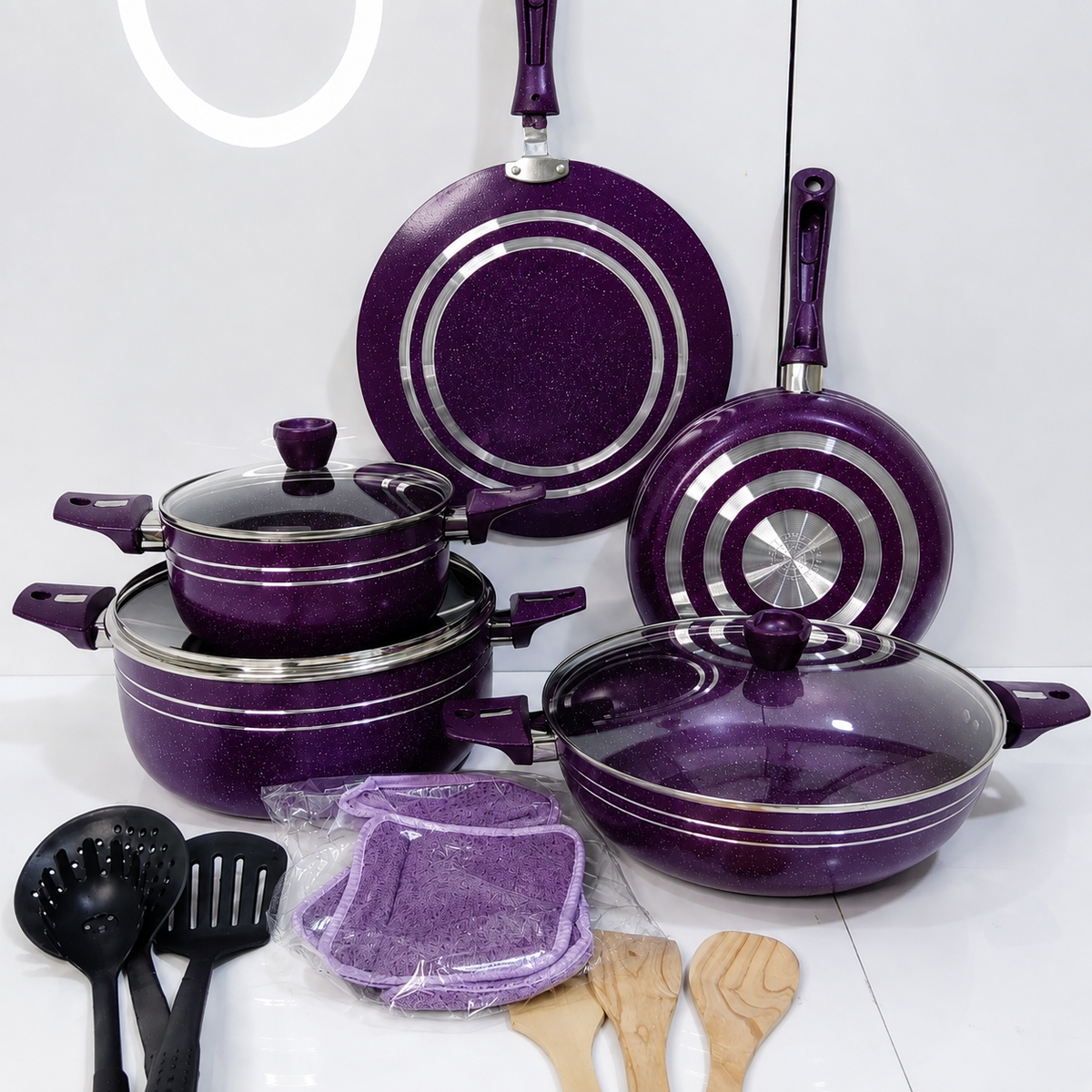 Kitchen Deluxe Marble Coated Cookware Set 15 pcs Nonstick purple