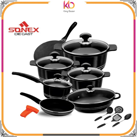 Sonex Deluxe Plus Gift Pack – 18 Pieces, Die-Cast PTFE Non-Stick Coating with Glass Lid