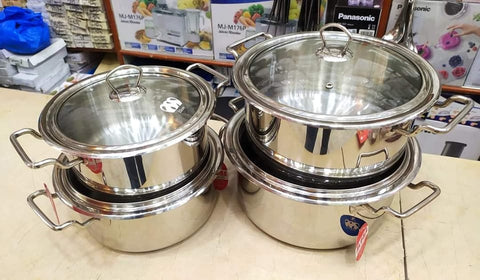 Alpha Steel Cooking Pot Set – Premium 4-Piece Double Bottom Stainless Steel with Glass Lids