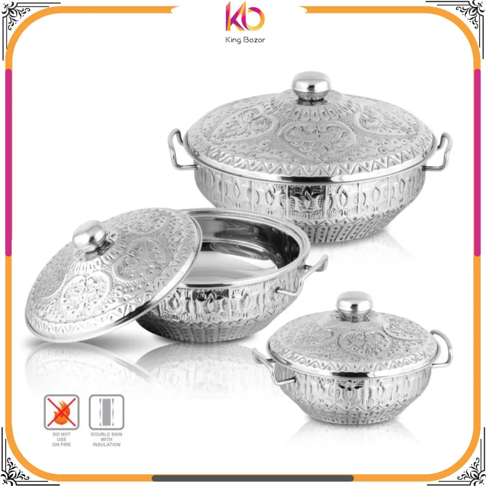 Shahi Naqsheen Stainless Steel Hot Pot Set – 3-Piece Royal Design Collection