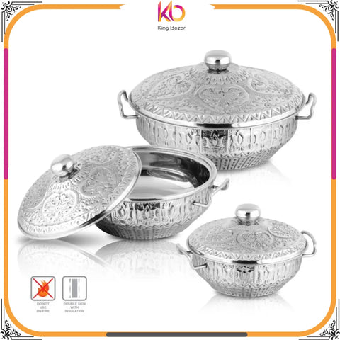 Shahi Naqsheen Stainless Steel Hot Pot Set – 3-Piece Royal Design Collection