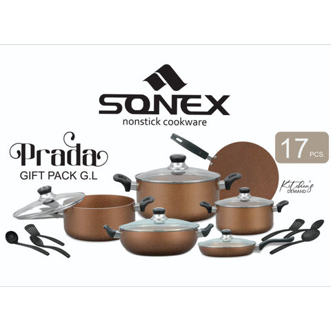 Sonex Prada Gift Pack – 17 PCS Nonstick Cookware Set (Black & Brown) + FREE Oil Jug | Eid ul Azha Special Offer