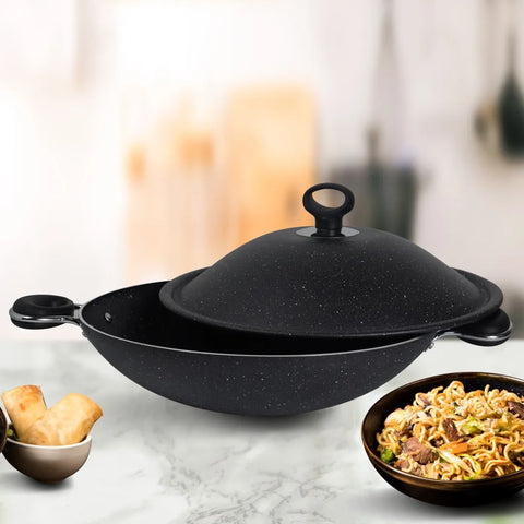 Marble Coated Queen Wok (Karahi) – Black | Premium Non-Stick Deep Cooking Wok