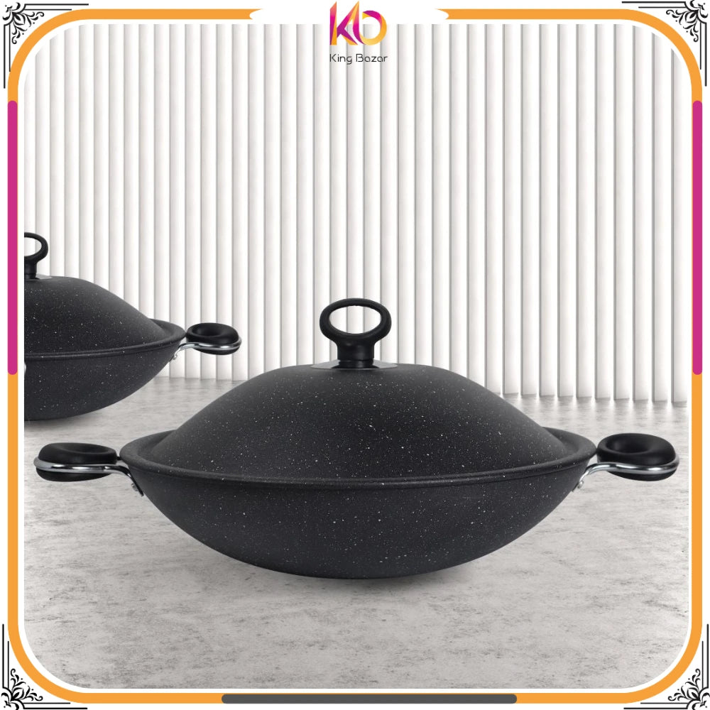 Marble Coated Queen Wok (Karahi) – Black | Premium Non-Stick Deep Cooking Wok