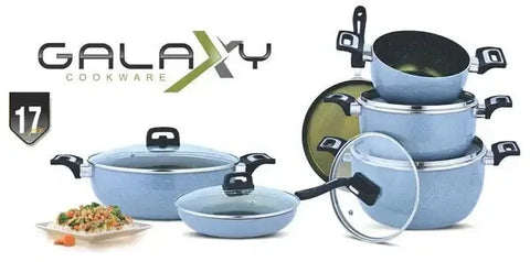 Nonstick Galaxy Gift Set – 17 PCS | Premium Nonstick Cookware Set | Stylish Marble Coated Kitchen Set by King Bazar