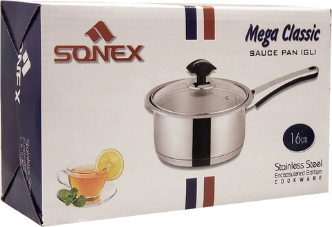 Mega Steel Sonex Heavy Weight Stainless Steel Saucepan with Glass Lid - 16/18/20cm