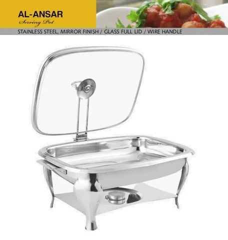 Alpha Premium 28cm Rectangular Buffet Chafing Dish Set with Burner & Glass Lid
