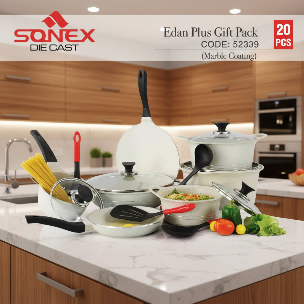 Sonex Eden Plus 20-Piece Die-Cast Gift Pack – White Marble Coated Non-Stick Set