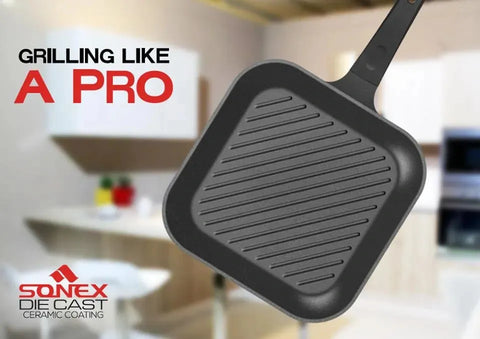 "Classic Frypan Sonex with Glass Lid – Non-Stick & Solo Grill Pan (Die-Cast) – Perfect Grilling & Frying at Home