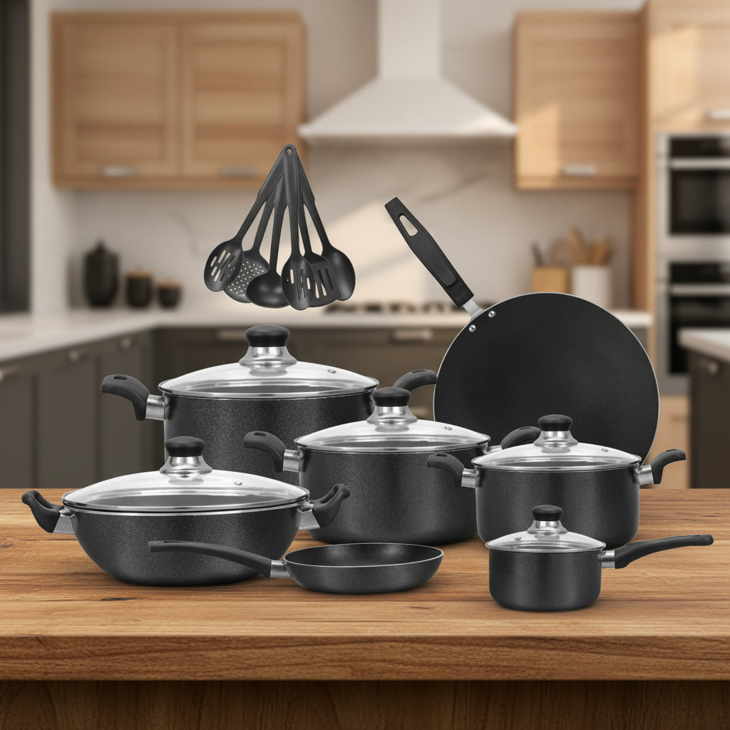 Titan Non-Stick Sonex Cookware Set – 18-Piece Gift Pack with Glass Lid by Daily Kitchens