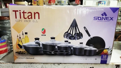 Titan Gift Pack with Glass Lid – Sonex Non-Stick Cookware Set (18 Pieces) – Daily Kitchens