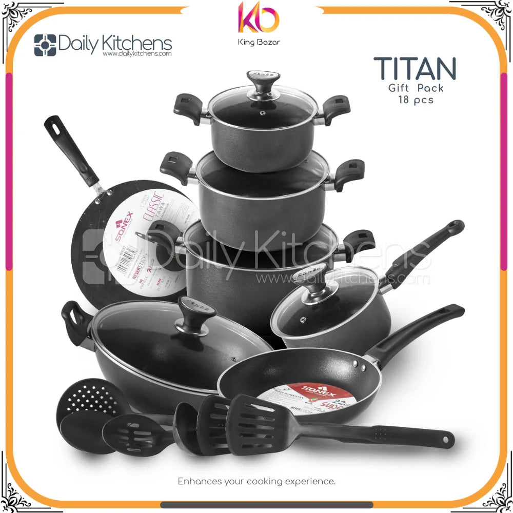 Titan Gift Pack with Glass Lid – Sonex Non-Stick Cookware Set (18 Pieces) – Daily Kitchens