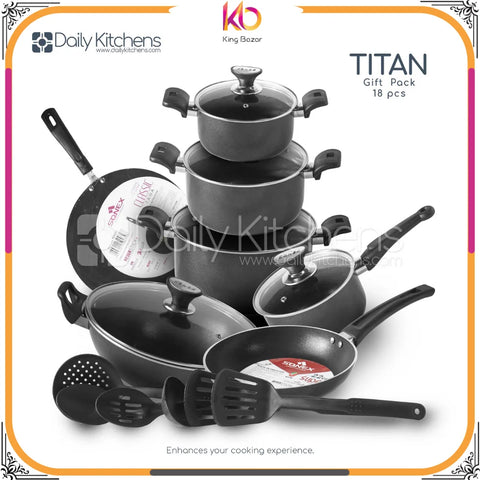 Titan Gift Pack with Glass Lid – Sonex Non-Stick Cookware Set (18 Pieces) – Daily Kitchens