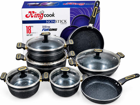 18 Pcs Marble Forging Non Stick Cookware Set Black