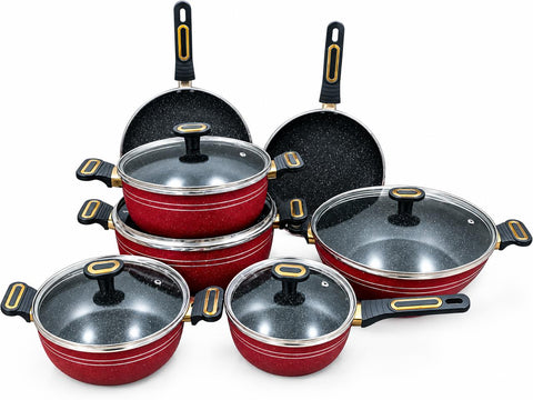 18 Pcs Marble Forging Non Stick Cookware Set Red