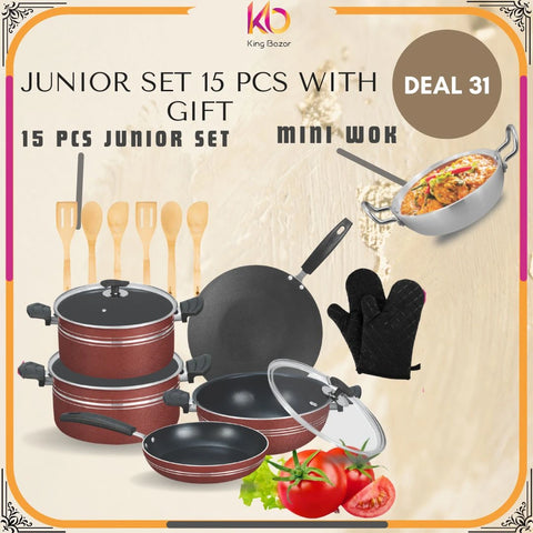 Deluxe 15-Piece Nonstick Cookware Gift Set – Smart Black & Red | Heavy Duty Cookware with FREE Mini Wok – Eid ul Azha Special