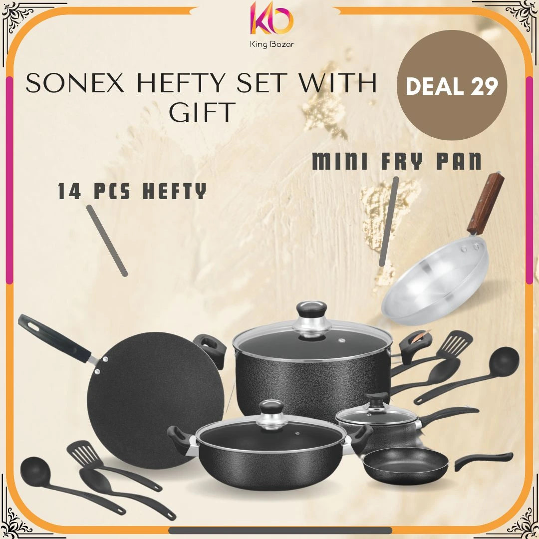 Hefty Gift Pack – Sonex 14 Pcs Non-Stick Cookware Set with Glass Lids | FREE Mini Fry Pan – Eid ul Azha Special Offer