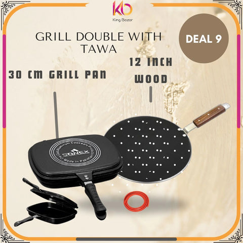 Professional 30cm Grill Pan + 12-inch Wood Handle Tawa – Perfect for BBQ, Kebabs & Rotis!"