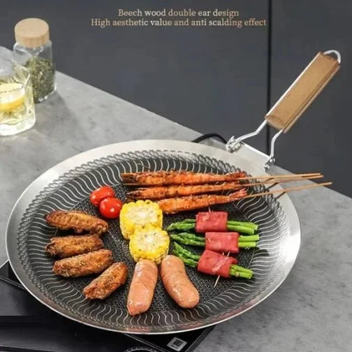 German Honeycomb Laser Coating Tawa with Folding Wooden Handle – Stainless Steel