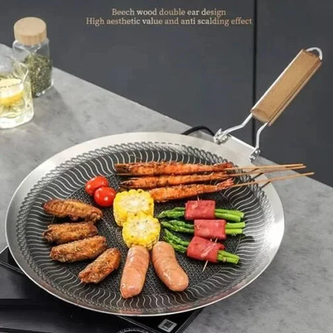 German Honeycomb Laser Coating Tawa with Folding Wooden Handle – Stainless Steel