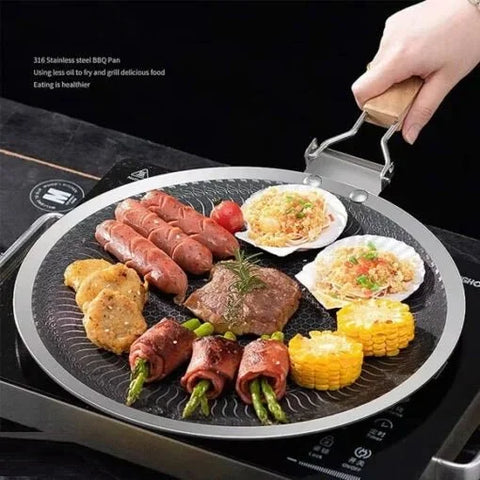 German Honeycomb Laser Coating Tawa with Folding Wooden Handle – Stainless Steel