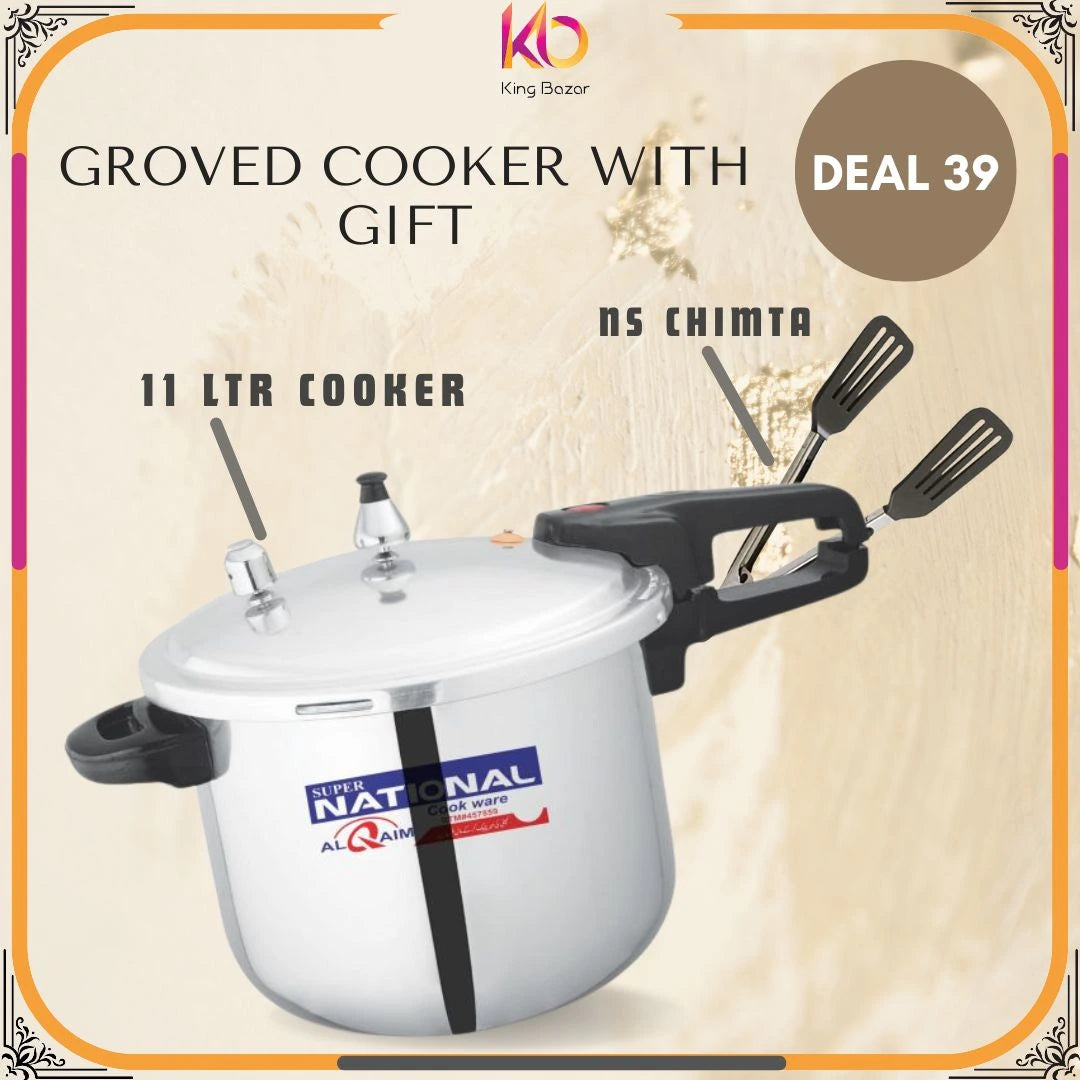 National Pressure Cooker Grooved – 11 Liter | Heavy-Duty Aluminum Belly Shape | FREE Non-Stick Chimta – Eid ul Azha Special Offer