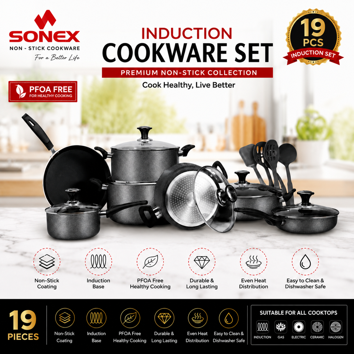 Sonex 19 Pcs Induction Non-Stick Cookware Set