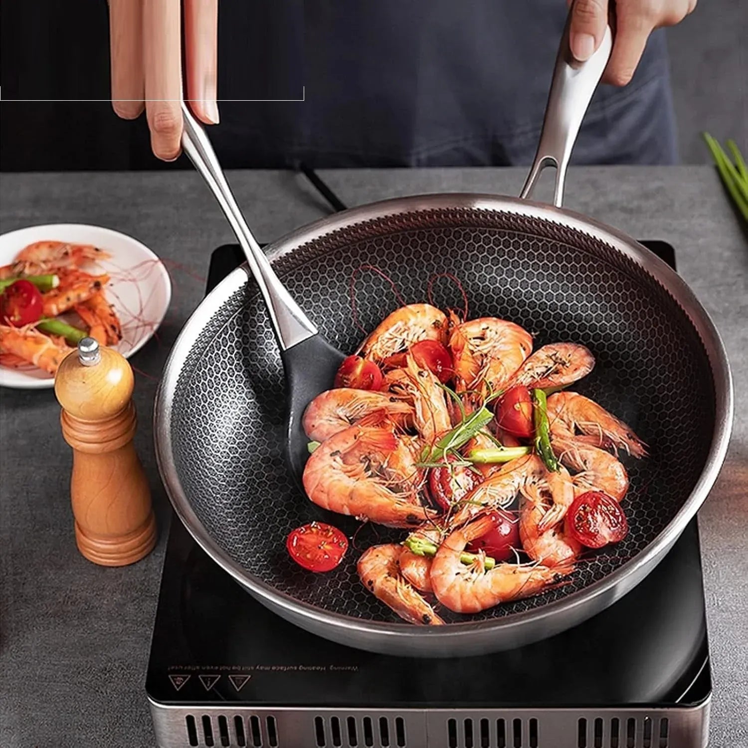 German Stainless Steel Deep Wok Karahi – Honeycomb Laser Coated Non-Stick Cooking Pan Without Lid