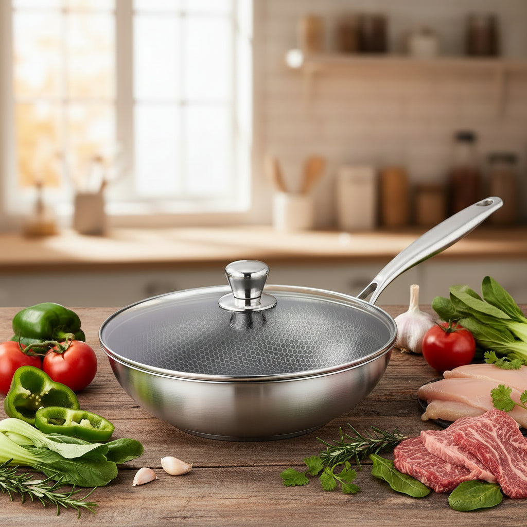 German Stainless Steel Wok Karahi – Honeycomb Laser Coated Non-Stick Pan with Single Handle