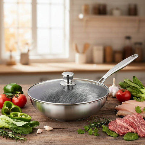 German Stainless Steel Wok Karahi – Honeycomb Laser Coated Non-Stick Pan with Single Handle