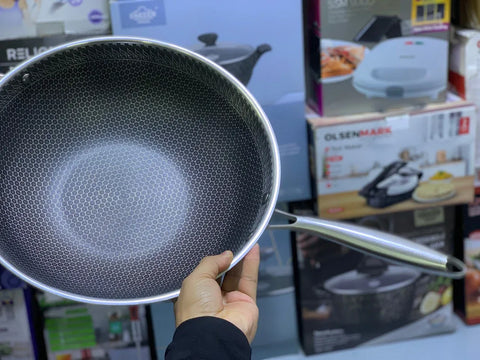 German Stainless Steel Deep Wok Karahi – Honeycomb Laser Coated Non-Stick Cooking Pan Without Lid