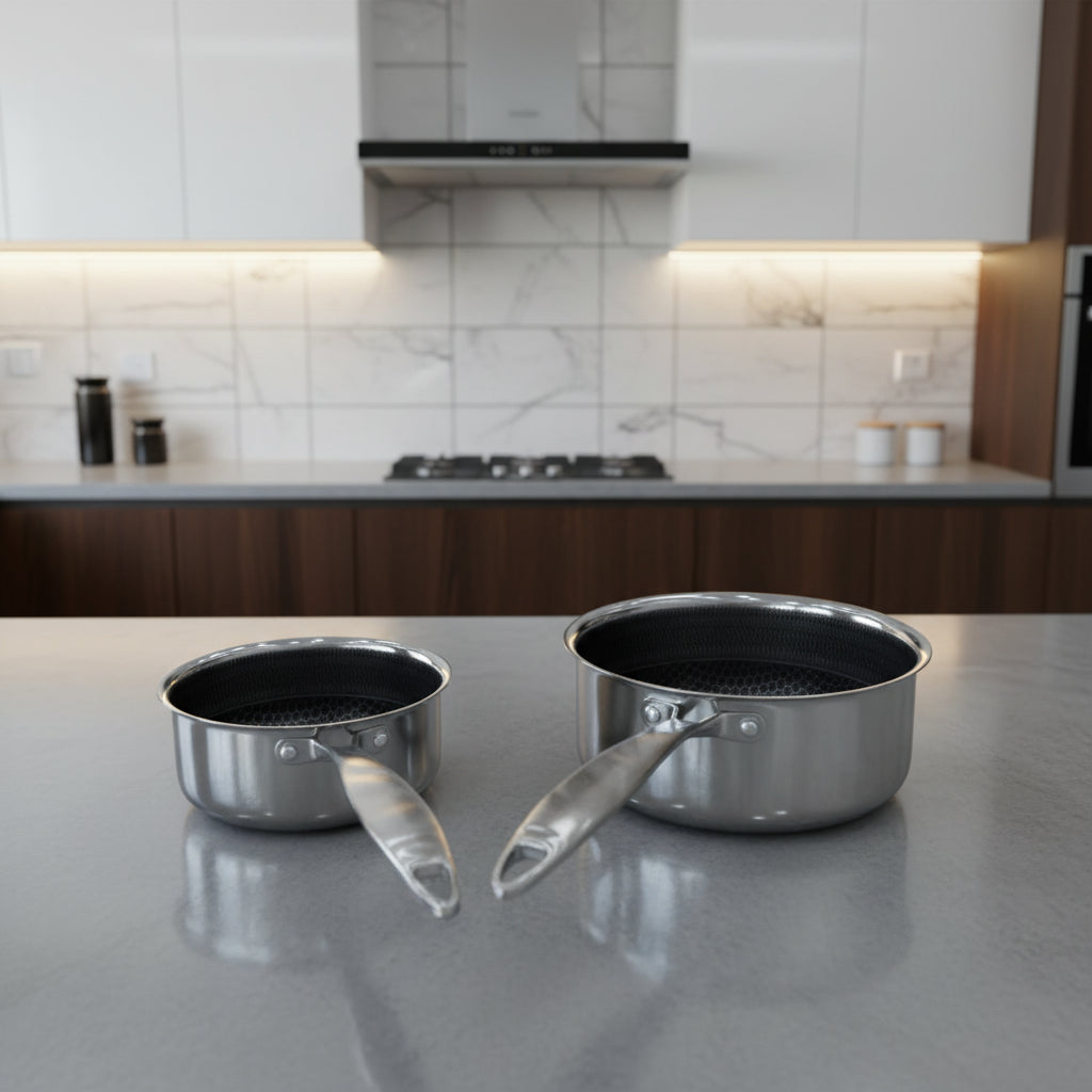 German Imported Stainless Steel Saucepan with Glass Lid – Honeycomb Laser Coated